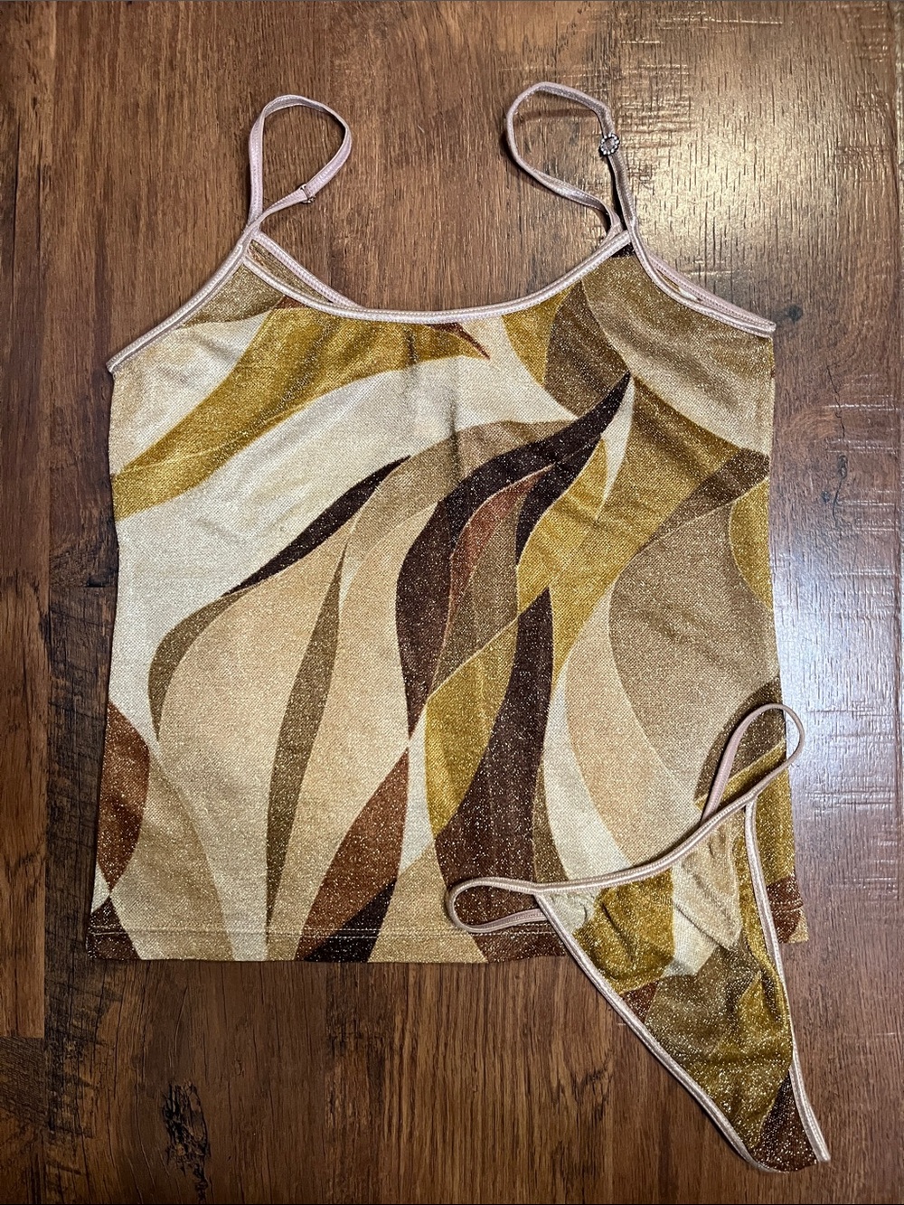 Metallic Swirl Print Spaghetti Strap Tank Top - and Thong Set- Gold & Brown